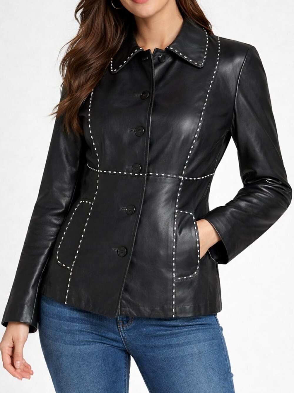 David Meister 100% Black Leather Jacket with White Stitching Size 2